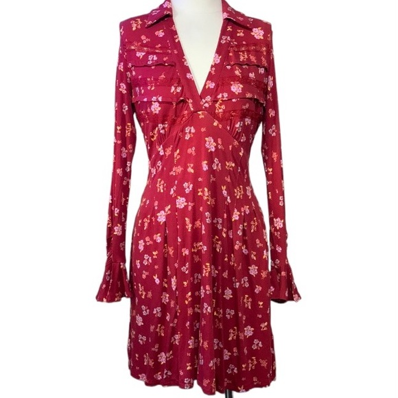 Free People Red Floral Good Days Long Sleeve Minidress Size Small - Picture 1 of 9